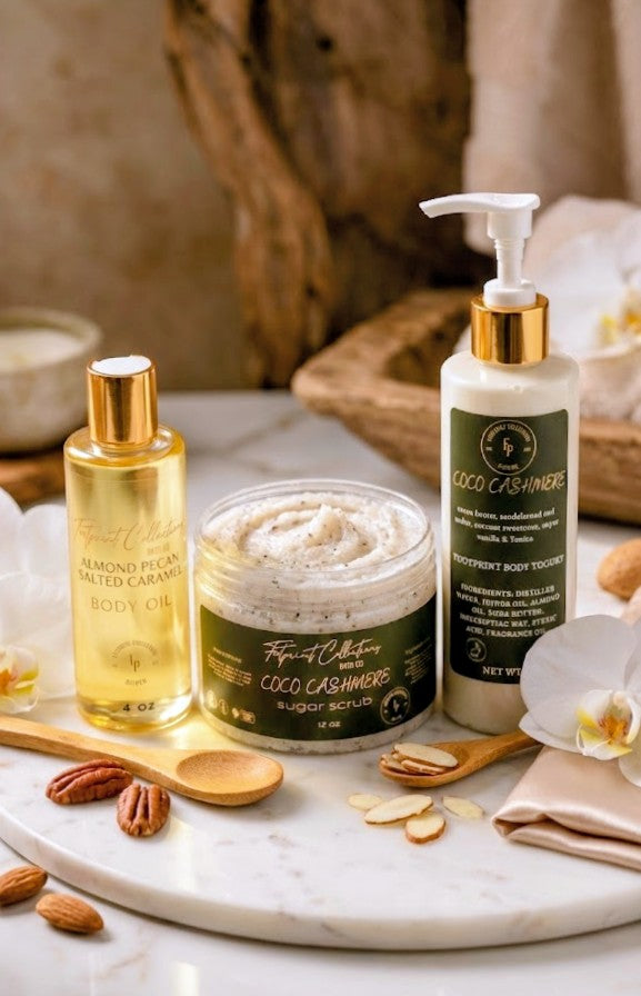 Co Co cashmere sugar scrub, body yogurt & body oil set